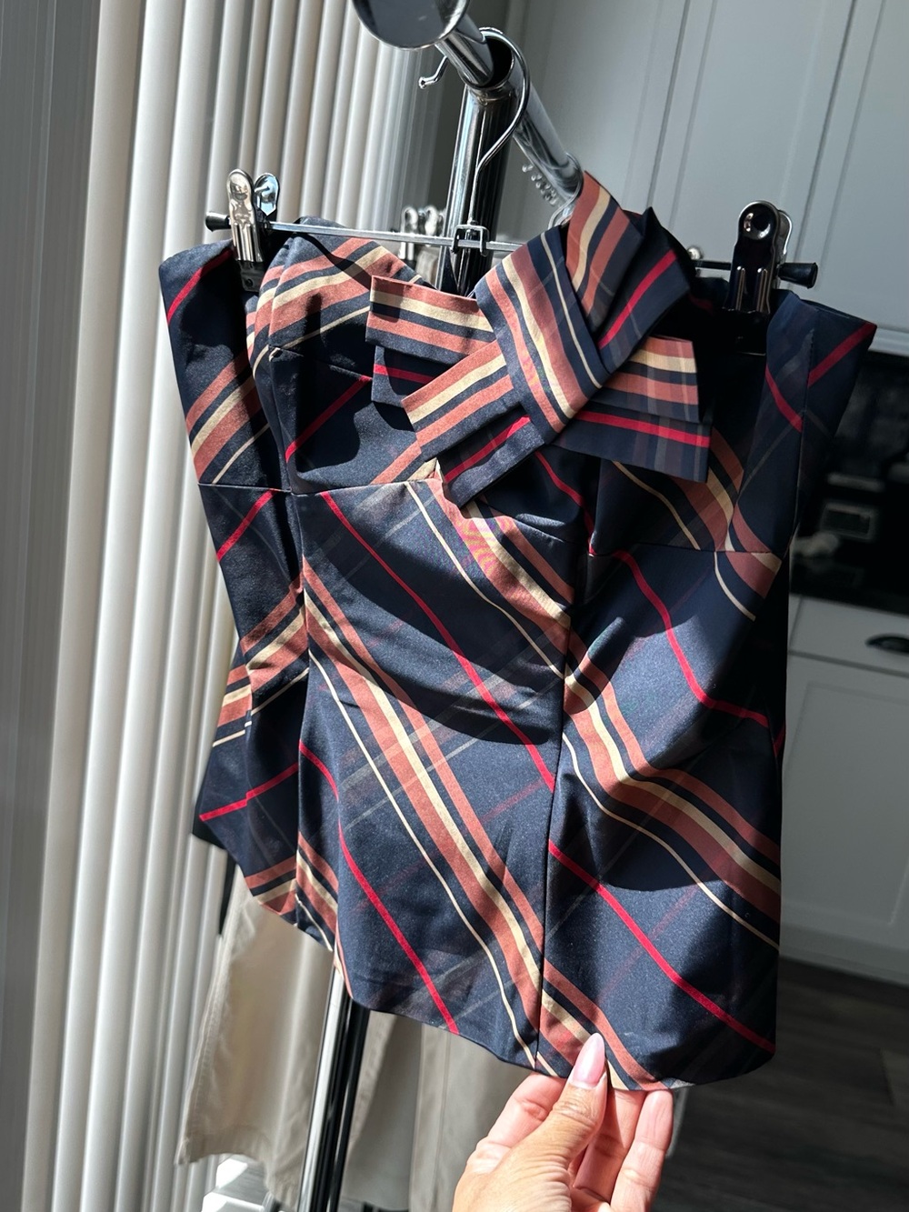 Striped Plaid Bustier Sleeveless Top - Navy & Red Plaid Size-XS